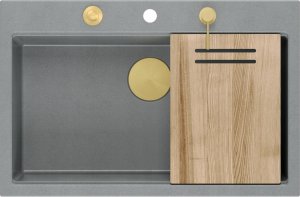 Zlewozmywak GraniteQ Zlewozmywak granitowy MARC 1-komorowy 76x50 cm szary/silver stone + Nano ZŁOTO PVD 2