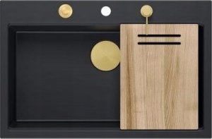 Zlewozmywak GraniteQ Zlewozmywak granitowy MARC 1-komorowy 76x50 cm czarny/pure carbon + Nano ZŁOTO PVD 15