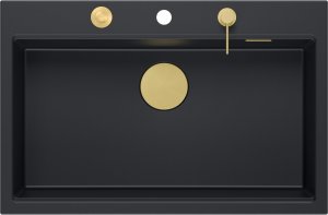 Zlewozmywak GraniteQ Zlewozmywak granitowy MARC 1-komorowy 76x50 cm czarny/pure carbon + Nano ZŁOTO PVD 2
