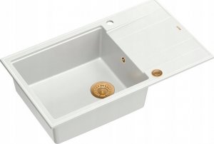 Zlewozmywak GraniteQ EVAN 136 XL GraniteQ zlewozmywak z syfonem Push to Open 1-komorowy z/o (860x500x210; kom. 420x490) snow white / elementy miedziane 2