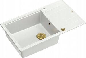 Zlewozmywak GraniteQ EVAN 136 XL GraniteQ zlewozmywak z syfonem Push To Open 1-komorowy z/o (860x500x210; kom. 420x490) snow white / elementy złote 2
