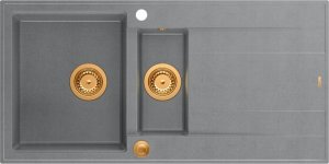 Zlewozmywak GraniteQ EVAN 156 GraniteQ zlewozmywak z syfonem Push To Open 1,5-komorowy z/o (1000x500x210; kom. 420x480) silver stone / elementy miedziane 2