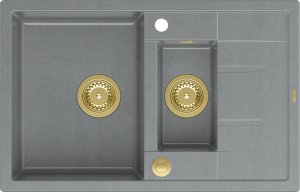 Zlewozmywak GraniteQ MORGAN 156 GraniteQ zlewozmywak silver stone z syfonem Push To Open okrągły 1,5-komorowy z/o / elementy złote 2