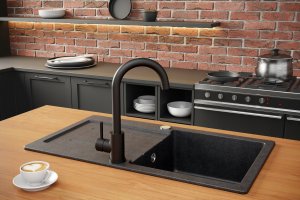 Zlewozmywak GraniteQ JOHNNY 111 GraniteQ zlewozmywak granitowy Pure Carbon 1-komorowy z/o (77x44x18,5), z syfonem black + bateria Kate Pure Carbon + dozownik + Qmata 11