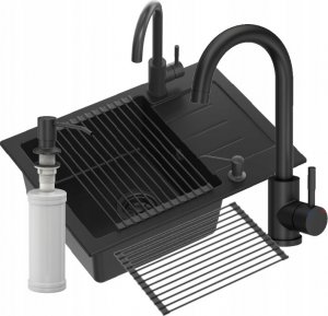 Zlewozmywak GraniteQ JOHNNY 116 zlewozmywak granitowy Pure Carbon 1-komorowy z/o (60x44x18,5) z syfonem black + bateria Kate pure carbon + dozownik + Qmata 14