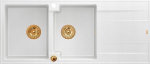 Zlewozmywak GraniteQ EVAN 121 GraniteQ zlewozmywak z syfonem Push To Open 2-komorowy z/o (1160x500x210; kom. 420x340) snow white / elementy miedziane 2