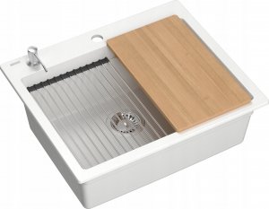 Zlewozmywak GraniteQ Quadron | KURT 110 | kuchenny zlewozmywak granitowy BIAŁY | wymiary: 59,5 x 50 x 21,5 cm | akcesoria: syfon, dozownik, deska, Qmata | 1-komorowy wpuszczany | podbudowa szafki: od 60 cm 2
