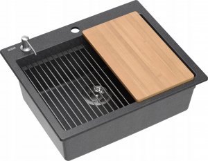 Zlewozmywak GraniteQ Quadron | KURT 110 | kuchenny zlewozmywak granitowy CZARNY kropkowany | wymiary: 59,5 x 50 x 21,5 cm | akcesoria: syfon, dozownik, deska, Qmata | 1-komorowy wpuszczany | podbudowa szafki: od 60 cm 2