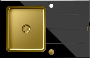 Zlewozmywak Ford 111 HardQ komora stalowa PVD złota z czarnym blatem szklanym z syfonem Push 2 Open (780x500/R35) 1