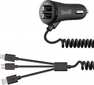 Ładowarka Budi Ładowarka samochodowa LED Budi 2x USB, 3.4A + kabel 3w1 USB do USB-C / Lightning / Micro USB (czarna) 1