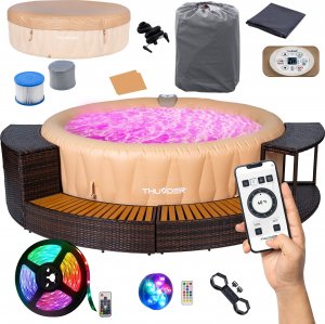 Jacuzzi ogrodowe Thunder Basen z hydromasażem 6-osobowy jacuzzi LATTE + brązowe meble rattanowe - 4 sztuki 1