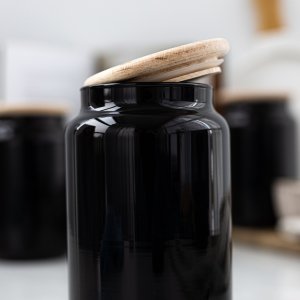 Trend Glass Zestaw czarnych słoików do przechowywania z drewnianymi deklami Carissa Black&White 3x970 ml 6
