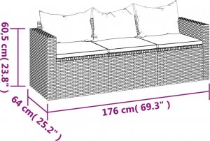vidaXL 3-osobowa sofa ogrodowa z poduszkami, szara, polirattan 8