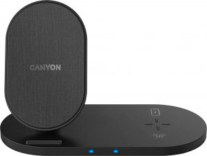 Ładowarka Canyon CANYON WS-202, 2in1 Wireless charger, Input 5V/3A, 9V/2.67A, Output 10W/7.5W/5W, Type c cable length 1.2m, PC+ABS,with PU part ,180*86*111.1mm, 0.185Kg,Black 1