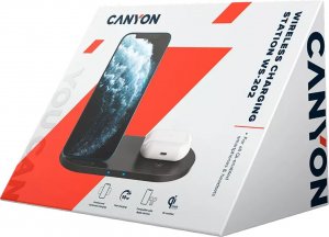 Ładowarka Canyon CANYON WS-202, 2in1 Wireless charger, Input 5V/3A, 9V/2.67A, Output 10W/7.5W/5W, Type c cable length 1.2m, PC+ABS,with PU part ,180*86*111.1mm, 0.185Kg,Black 4