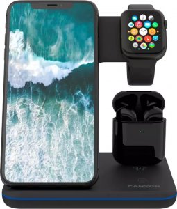 Ładowarka Canyon CANYON WS-302, 3in1 Wireless charger, with touch button for Running water light, Input 9V/2A,12V/1.5A  Output 15W/10W/7.5W/5W, Type c to USB-A cable length 1.2m,with QC18W EU plug 137*103*140mm, 0.22Kg, Black 5