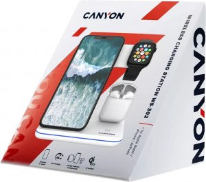 Ładowarka Canyon CANYON WS-302, 3in1 Wireless charger, with touch button for Running water light, Input 9V/2A,12V/1.5A  Output 15W/10W/7.5W/5W, Type c to USB-A cable length 1.2m,with QC18W EU plug 137*103*140mm, 0.22Kg, Black 6