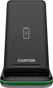 Ładowarka Canyon CANYON WS-304, Foldable 3in1 Wireless charger, with touch button for Running water light, Input 9V/2A, 12V/1.5AOutput 15W/10W/7.5W/5W, Type c to USB-A cable length 1.2m, with QC18W EU plug,132.51*75*28.58mm, 0.168Kg, Black 1
