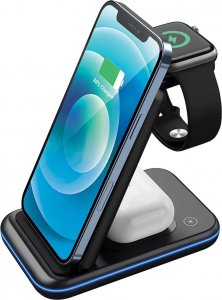 Ładowarka Canyon CANYON WS-304, Foldable 3in1 Wireless charger, with touch button for Running water light, Input 9V/2A, 12V/1.5AOutput 15W/10W/7.5W/5W, Type c to USB-A cable length 1.2m, with QC18W EU plug,132.51*75*28.58mm, 0.168Kg, Black 2