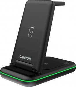Ładowarka Canyon CANYON WS-304, Foldable 3in1 Wireless charger, with touch button for Running water light, Input 9V/2A, 12V/1.5AOutput 15W/10W/7.5W/5W, Type c to USB-A cable length 1.2m, with QC18W EU plug,132.51*75*28.58mm, 0.168Kg, Black 3