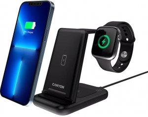 Ładowarka Canyon CANYON WS-304, Foldable 3in1 Wireless charger, with touch button for Running water light, Input 9V/2A, 12V/1.5AOutput 15W/10W/7.5W/5W, Type c to USB-A cable length 1.2m, with QC18W EU plug,132.51*75*28.58mm, 0.168Kg, Black 5