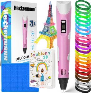 Długopis 3D Heckermann Zestaw Długopis drukarka 3D Heckermann 3041-2Y Różowy + Filament 115m + Książka + Szablon 17x17cm 1