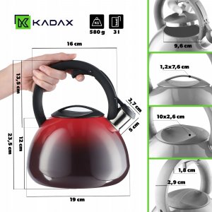Kadax Czajnik Na Gaz Indukcję Z Gwizdkiem Czerwony 2,6L 3