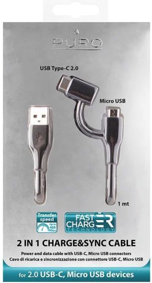 Kabel USB Puro Type-C 2in1 MICRO USB & USB-C 2A (CMUSBCBLK) 2