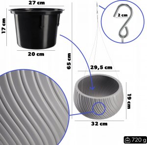 Kadax Donica Doniczka Wisząca Okrągła Misa Szara 29,5cm 2