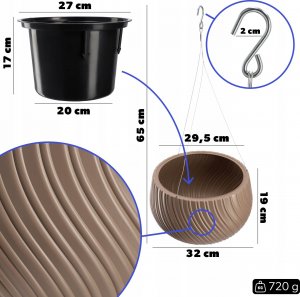 Kadax Donica Doniczka Wisząca Okrągła Misa Beżowa 29,5cm 2
