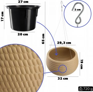 Kadax Donica Doniczka Wisząca Okrągła Misa Beżowa 29,5cm 2