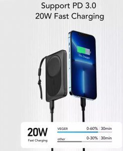 Powerbank 4kom.pl Powerbank Bateria zewnętrzna VEGER MagOn z ładowaniem Qi do MagSafe 15W - 10 000mAh PD 22,5W biały (VP1151 / W1151) 11