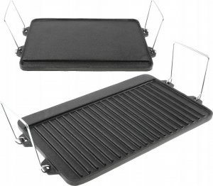 Patelnia KRISBERG Płyta żeliwna grillowa na ognisko Krisberg KB 2643 dwustronna patelnia na ruszt z uchwytami 5