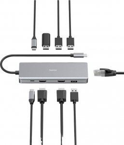Stacja/replikator Hama USB 3.2 Gen 1 - 9 Portów z gniazdem szybkiego ładowania, z wtyczką USB-C, obsługa ultra HD szary 2