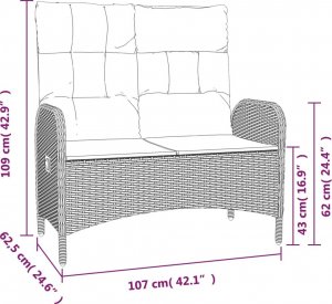 vidaXL vidaXL Rozkładana ławka ogrodowa, poduszki, 107 cm, rattan PE, szara 7