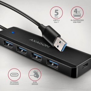 HUB USB Axagon HUE-C1A 4-portowy hub USB 5Gbps Travel, USB-C power IN, kabel Type-A 19cm, USB-C dodatkowe zasilanie 2