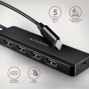 HUB USB Axagon HUE-C1C 4-portowy hub USB 5Gbps Travel, USB-C power IN, kabel Type-C 19cm, USB-C dodatkowe zasilanie 2