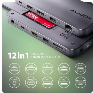 HUB USB Axagon HMC-12GM2 hub USB 12 in1 10Gbps, 3x USB-A, USB-C, HDMI, DP, RJ-45, M.2, SD/mSD, audio, PD 2