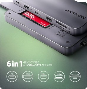 HUB USB Axagon HUB HMC-6GM2 USB 6 in1 10Gbps hub, USB-A, USB-C, HDMI, M.2, SD/ mSD, PD 100W, USB-C 2