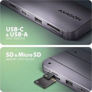 HUB USB Axagon HUB HMC-6GM2 USB 6 in1 10Gbps hub, USB-A, USB-C, HDMI, M.2, SD/ mSD, PD 100W, USB-C 3