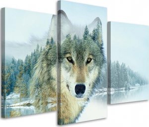 Feeby Obraz 3 częściowy na płótnie, Biały wilk na tle gór - 90x60 1