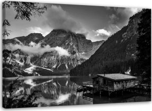 Feeby Obraz na płótnie, Domek nad górskim jeziorem - czarno-biały - 120x80 1