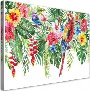 Feeby Obraz na płótnie, Liście kwiaty papuga tropikalne - 120x80 1