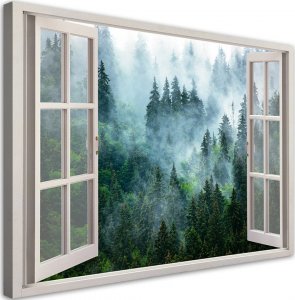 Feeby Obraz na płótnie, Okno Zielony las we mgle natura - 120x80 1