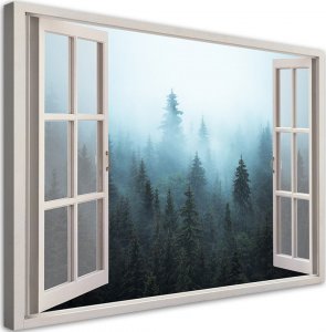 Feeby Obraz na płótnie, Okno widok Las we mgle natura - 120x80 1