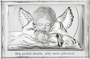 Valenti Srebrny obrazek z wizerunkiem Aniołka całującego śpiące dziecko na ozdobnym panelu z napisem 17.5x11.5 cm Uniwersalny 1