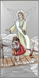 Beltrami Srebrny obrazek z wizerunkiem Anioła Stróża nad dziećmi idącymi mostkiem 10x20 cm Uniwersalny 1