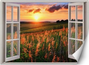 Feeby Fototapeta, Okno z widokiem na łąkę zachód słońca - 210x150 1