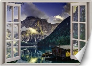 Feeby Fototapeta, Okno widok na jezioro domek w górach - 210x150 1