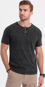Ombre T-shirt męski z dekoldem henley - czarny V1 S1757 S 1